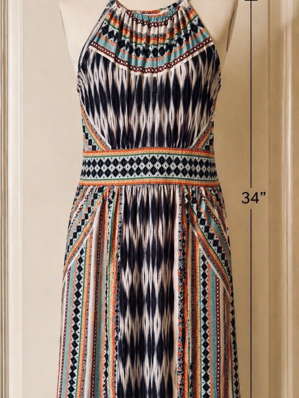 London Times Navy, Cream, Teal & Orange Halter Knee-Length Dress
